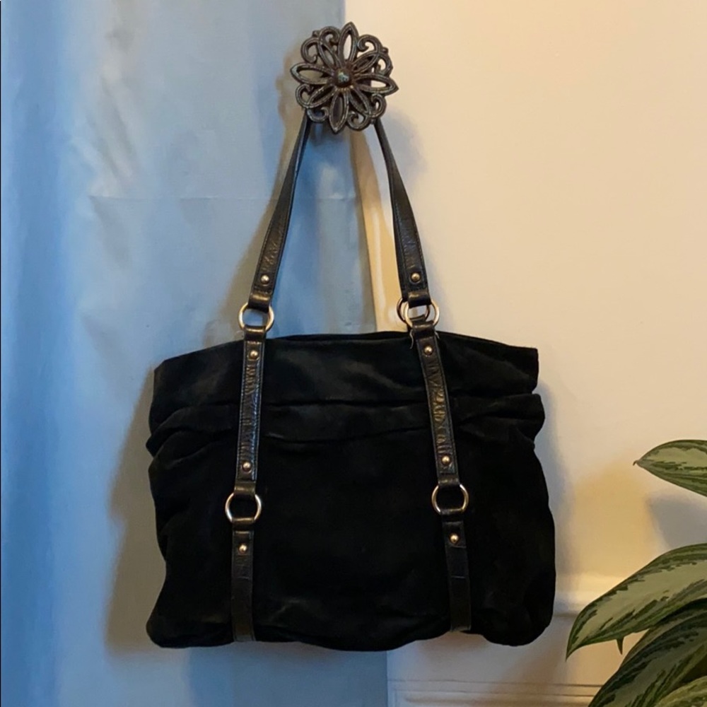 FURLA black suede/leather purse w/polka dot lining